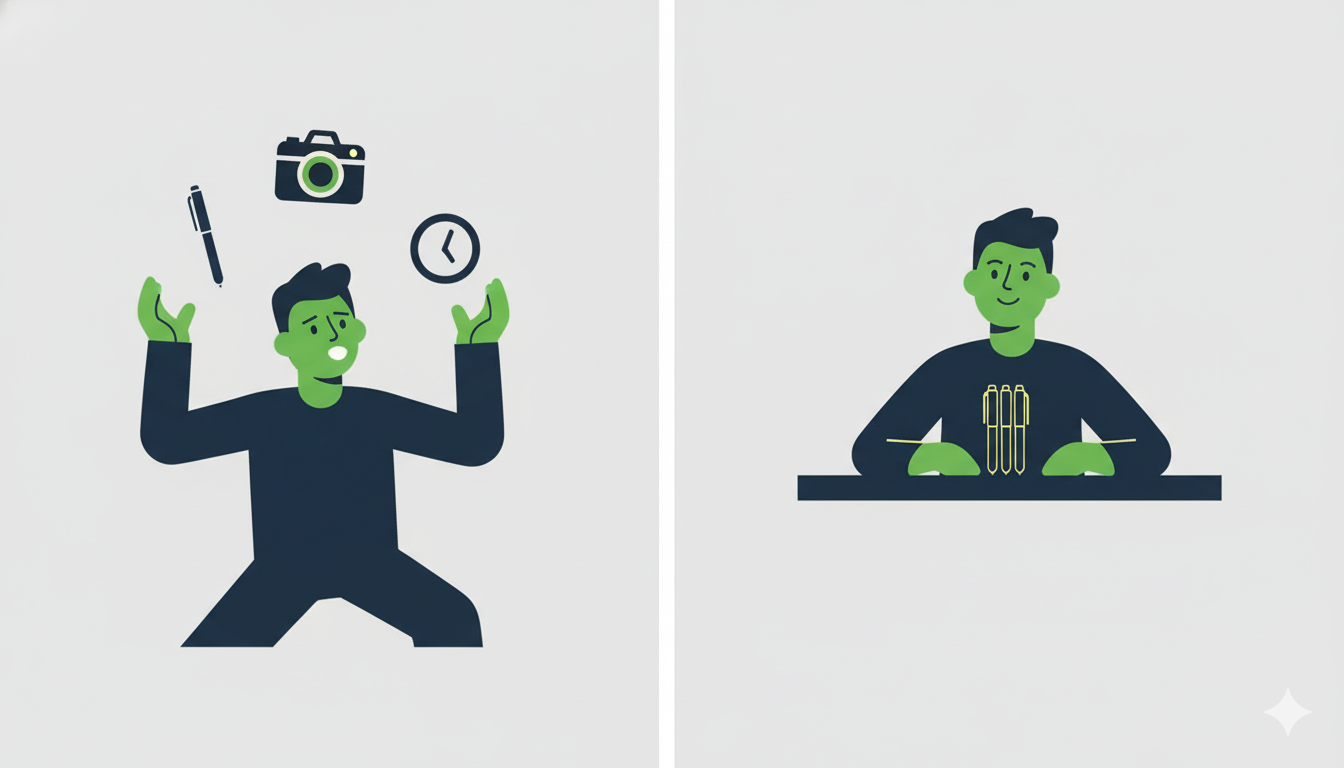 An illustration comparing chaotic multitasking with the efficiency of content batching for social media.