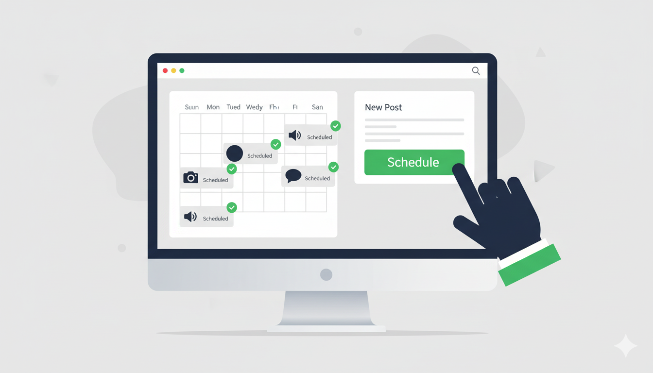 An illustration of a social media dashboard, showing how to schedule social media posts for the month.
