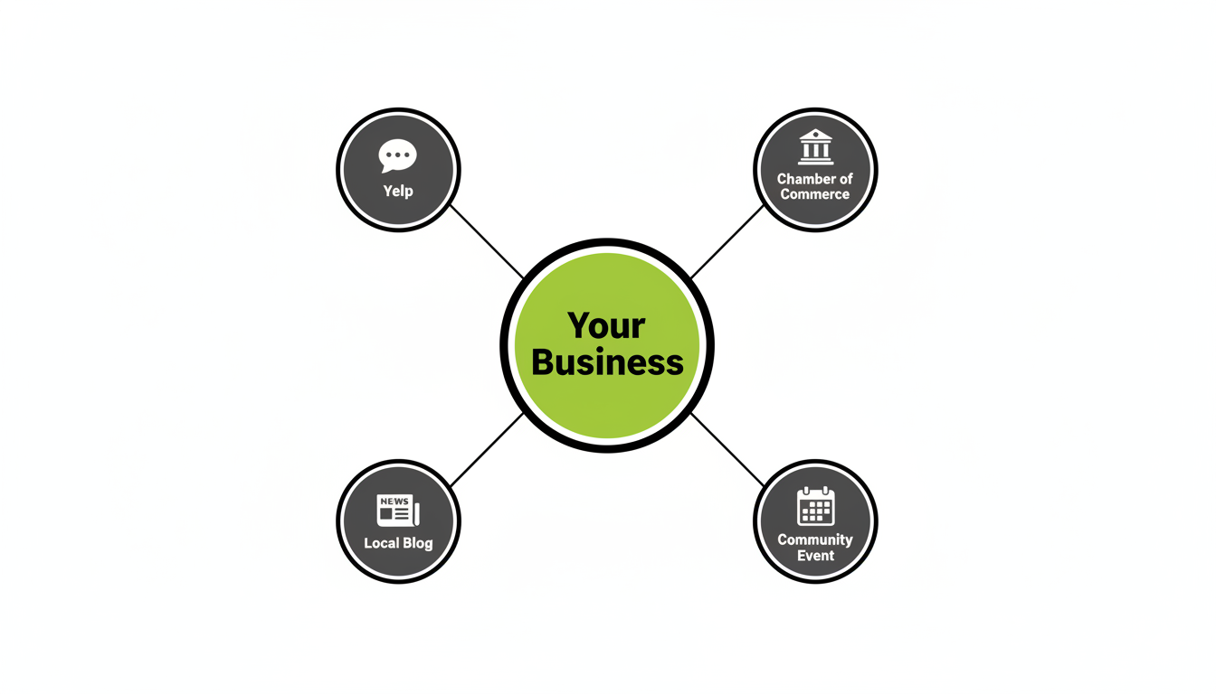 A diagram showing a central business connected to other local entities online, demonstrating local SEO authority.