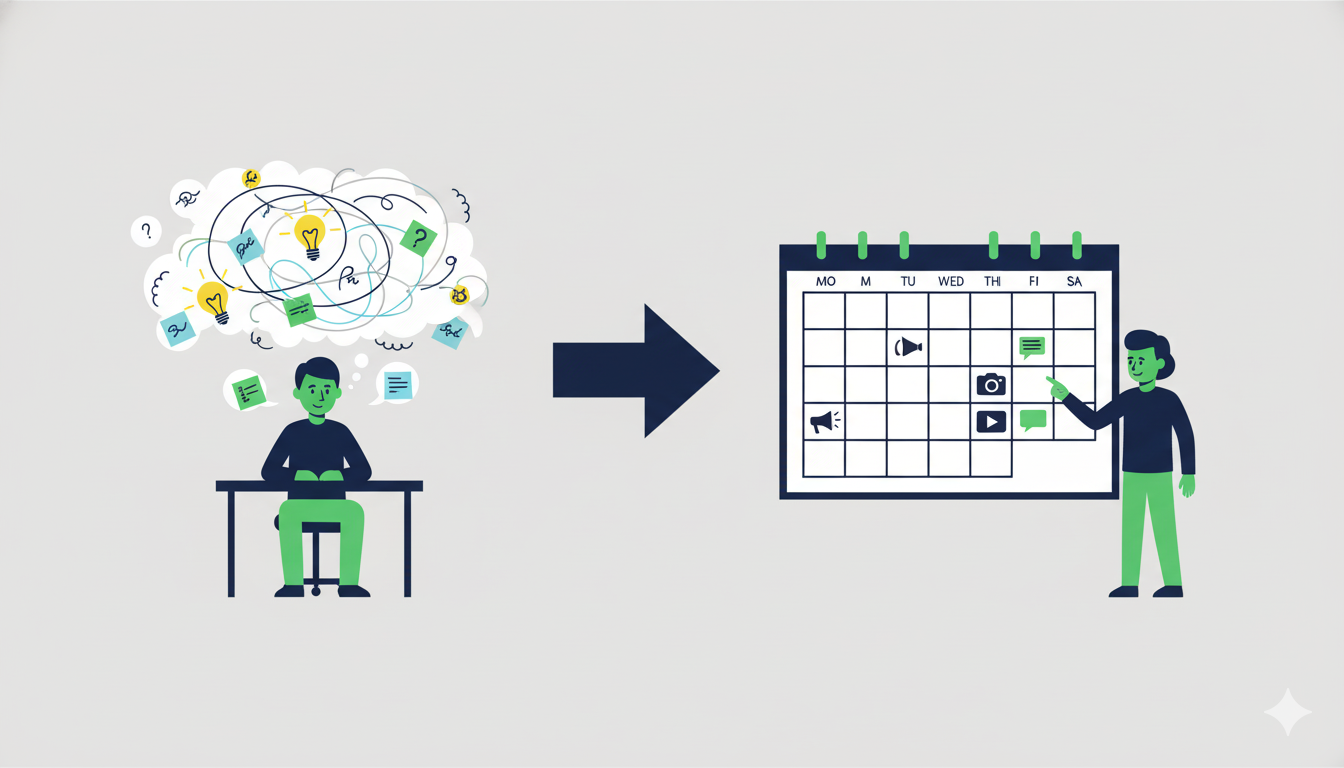An infographic showing the process of turning brainstormed ideas into a monthly content calendar template.