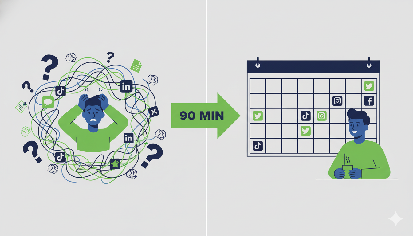 An illustration showing a chaotic mess of social media icons transforming into an organized social media content plan in 90 minutes.
