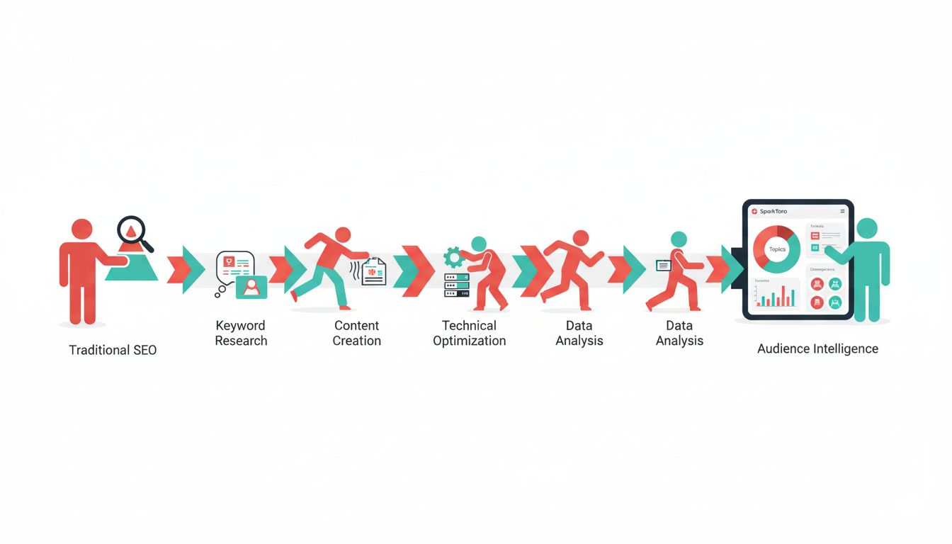 Step-by-step SparkToro audience research framework for SEO strategy showing progression from traditional methods to audience intelligence