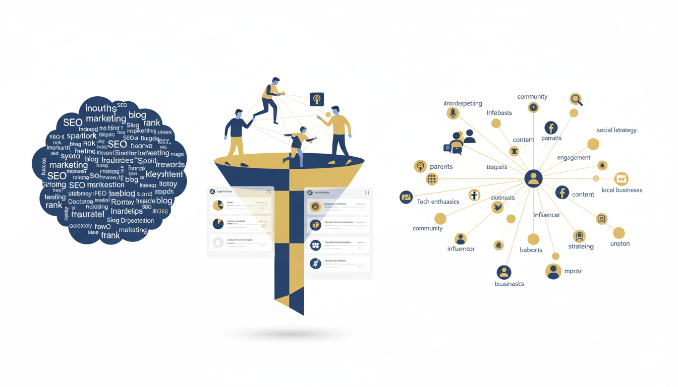 SparkToro keyword expansion visualization showing traditional keywords transforming into audience-centric search terms for SEO