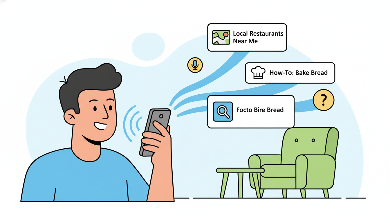 Voice Search Optimization Illustration - person using voice search on smartphone with sound waves transforming into results